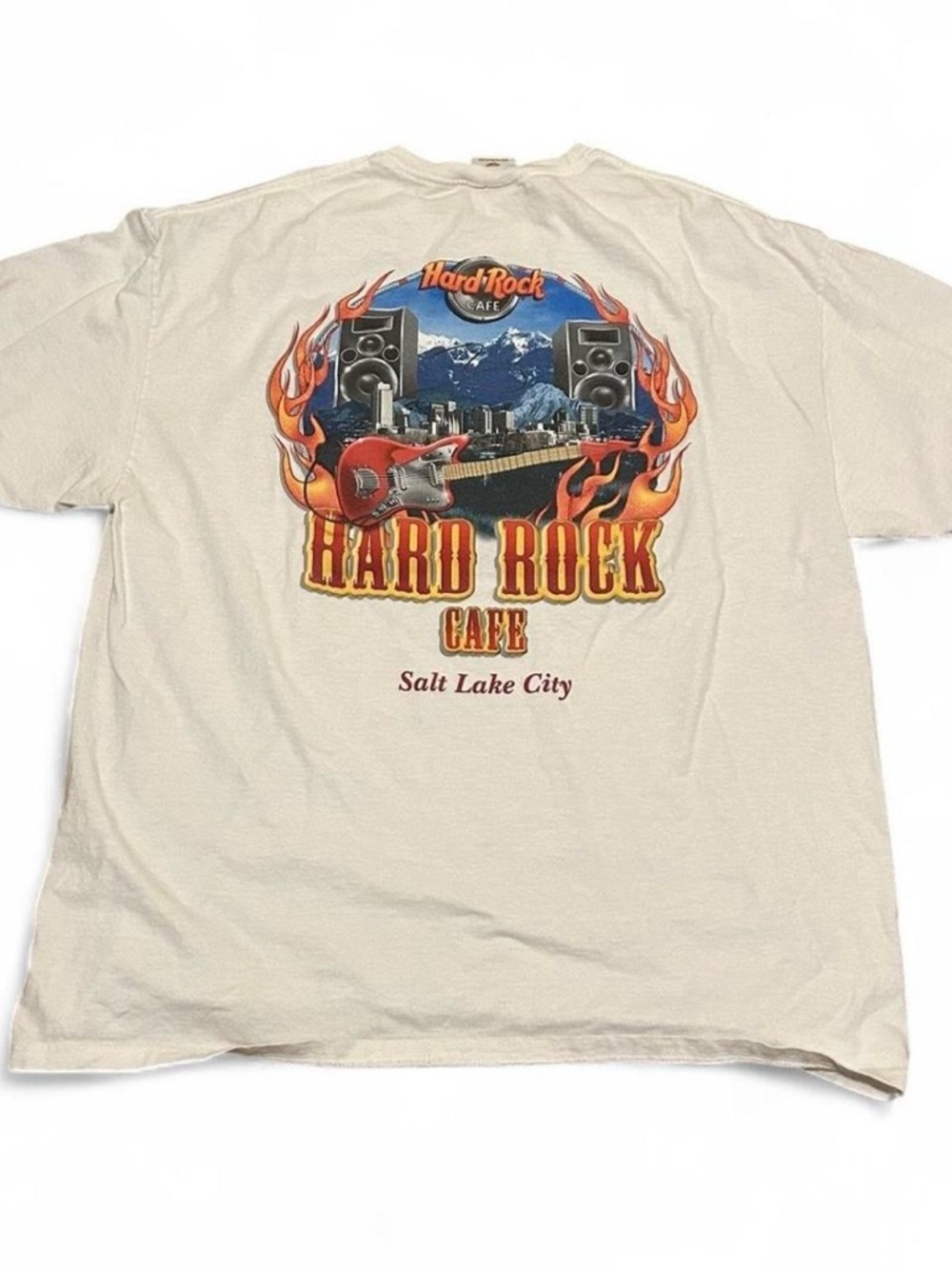 Hard Rock Cafe Salt Lake City Cream Graphic Tee with Red Flame Guitar